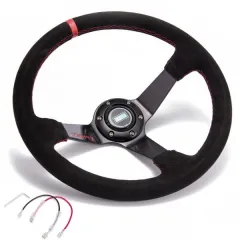 Kierownica sportowa 350mm / 80mm KJS Czerwona Zamsz największy sklep tuningowy w Polsce!